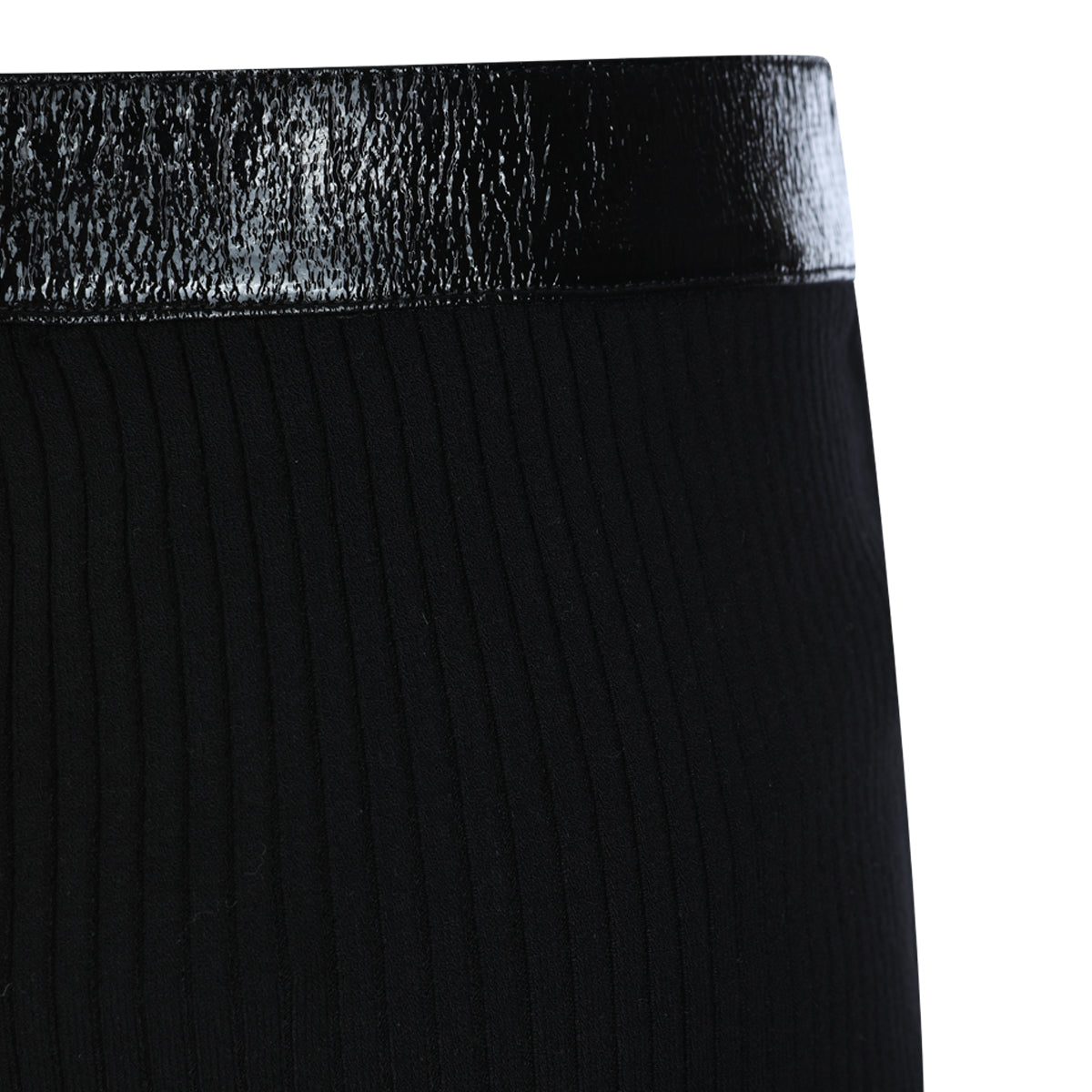 BLACK CONTRASTED VINYL RIB KNIT FLARED PANTS