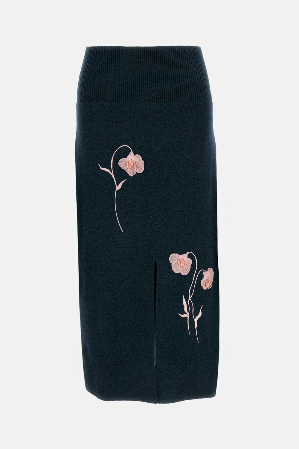 EMBROIDERED MIDI PENCIL KNIT SKIRT