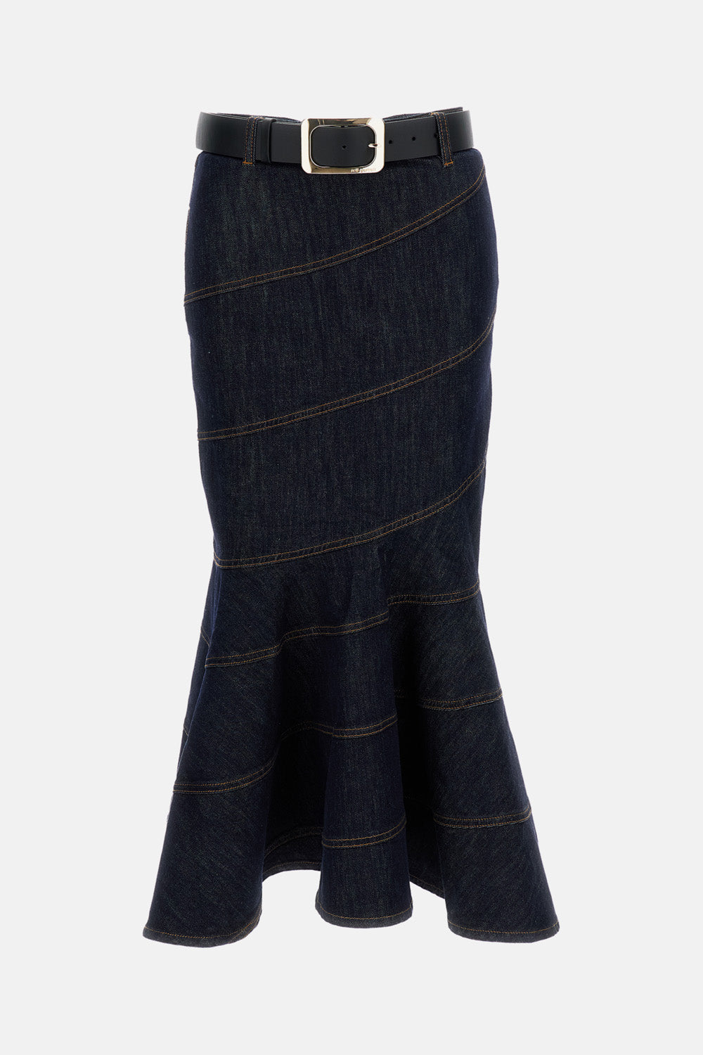 INDIGO DENIM BELTED MIDI SKIRT