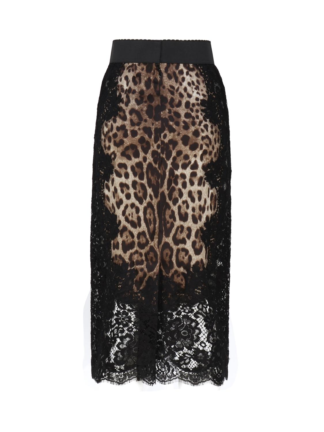 Gonna midi in raso stampa leopardo con inserti in pizzo