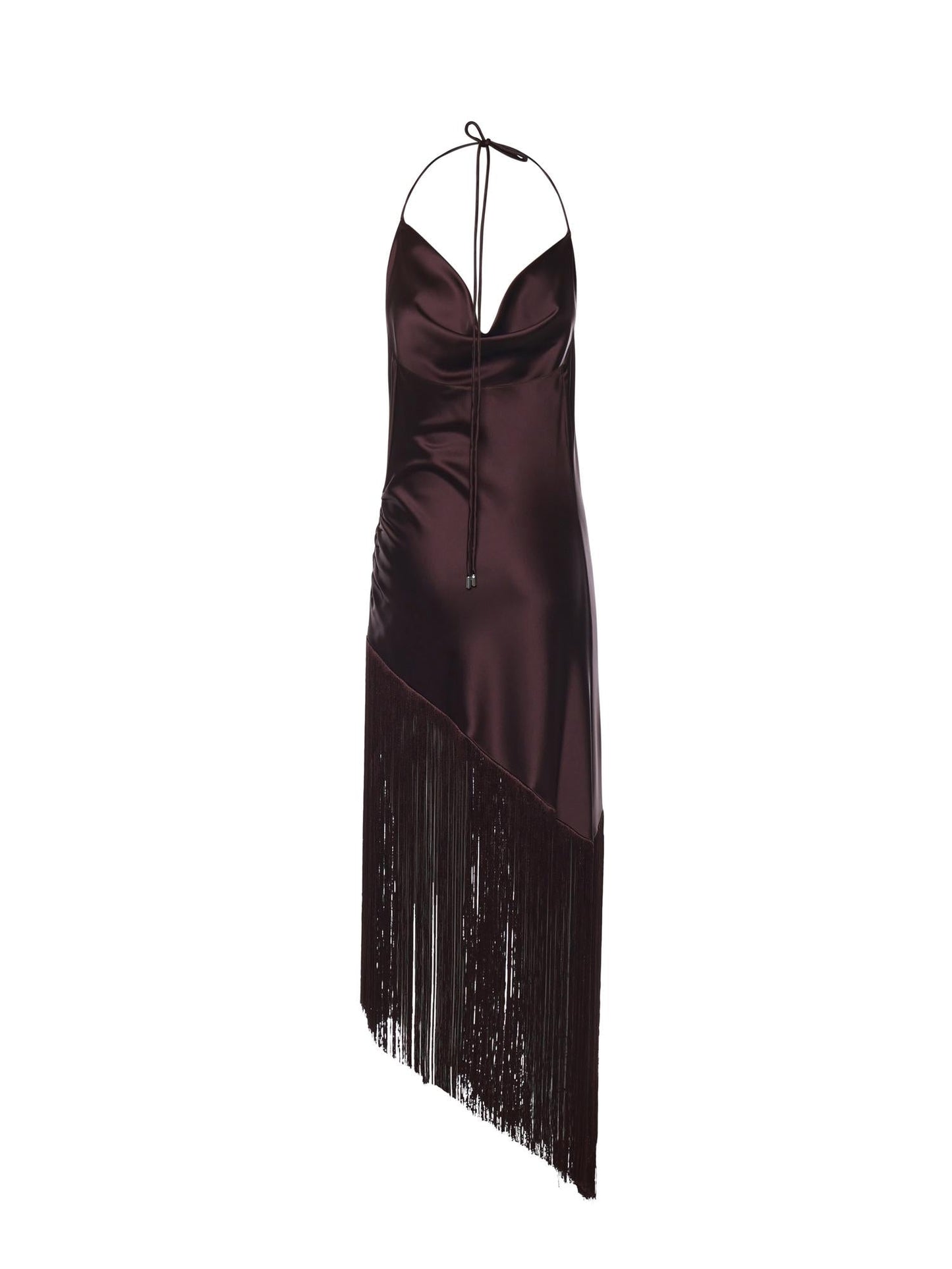 Abito asimmetrico in satin con frange
