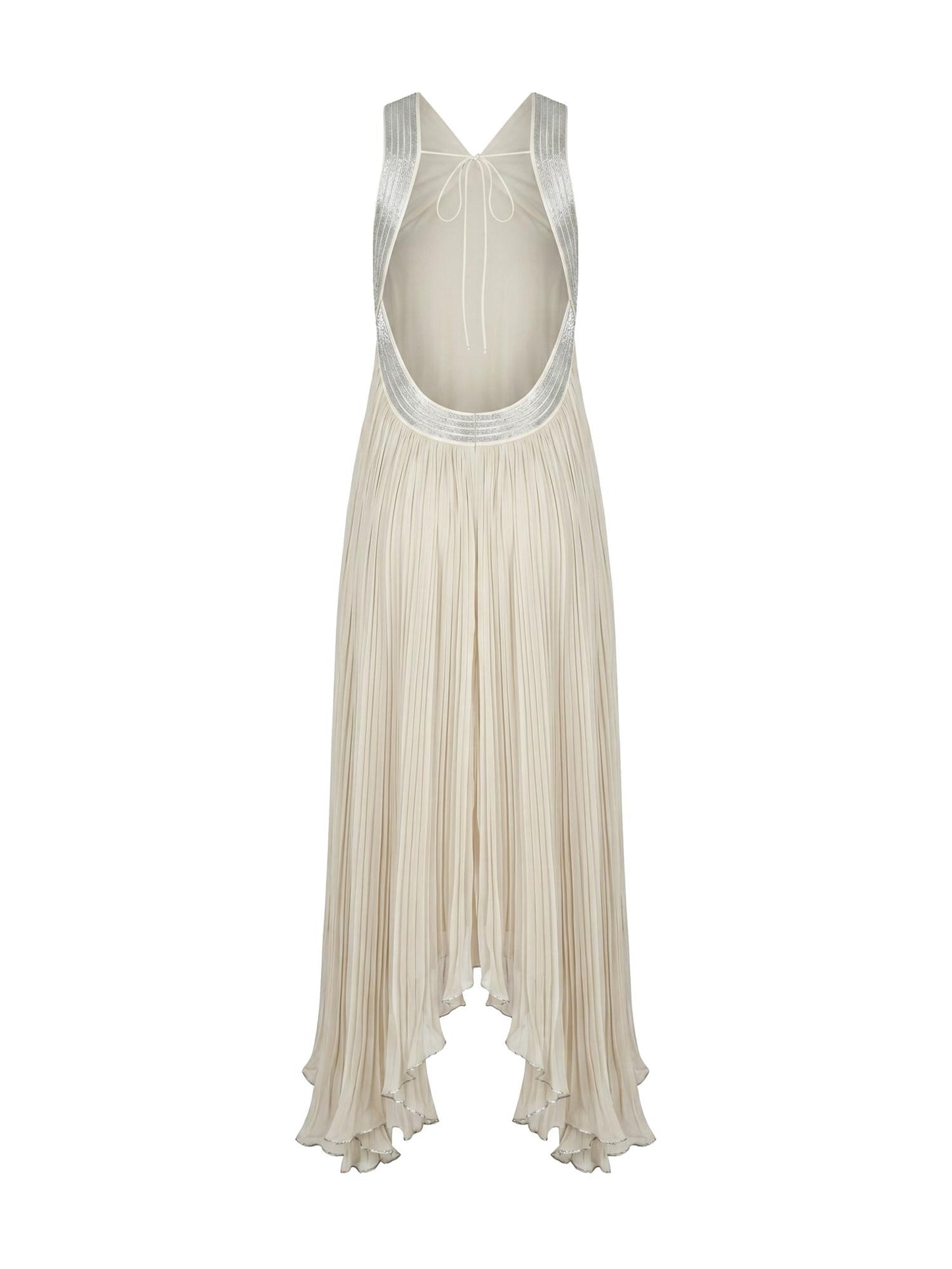 Abito lungo in chiffon plissé con ricami metallici