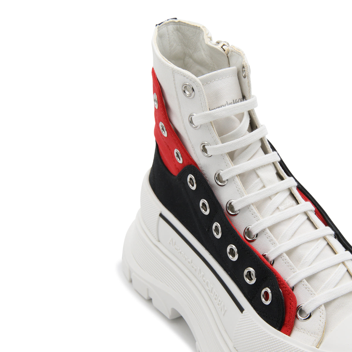 WHITE BLACK AND RED CANVAS TREAD SLICK LACE UP FASTENING BOOTS