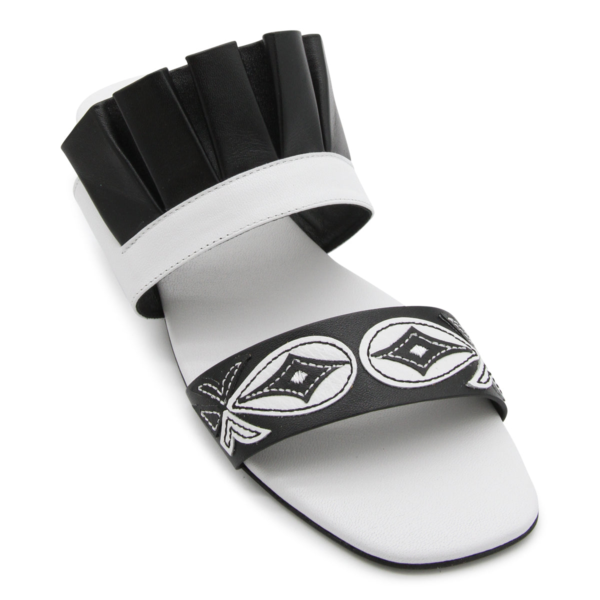 BLACK AND WHITE LEATHER GOCCIA APPLIQUE' FLAT SANDALS