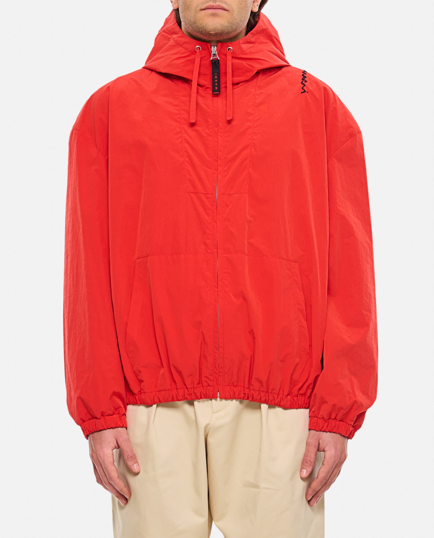 RED CRINKLED NYLON JACKET WITH HOOD
