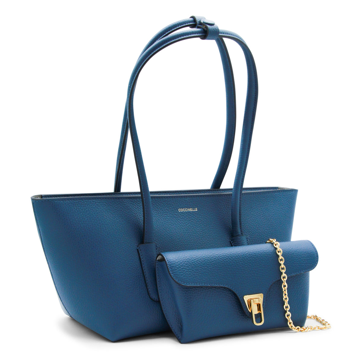 BLUE LEATHER TURNLOCK POCKET SHOULDER BAG