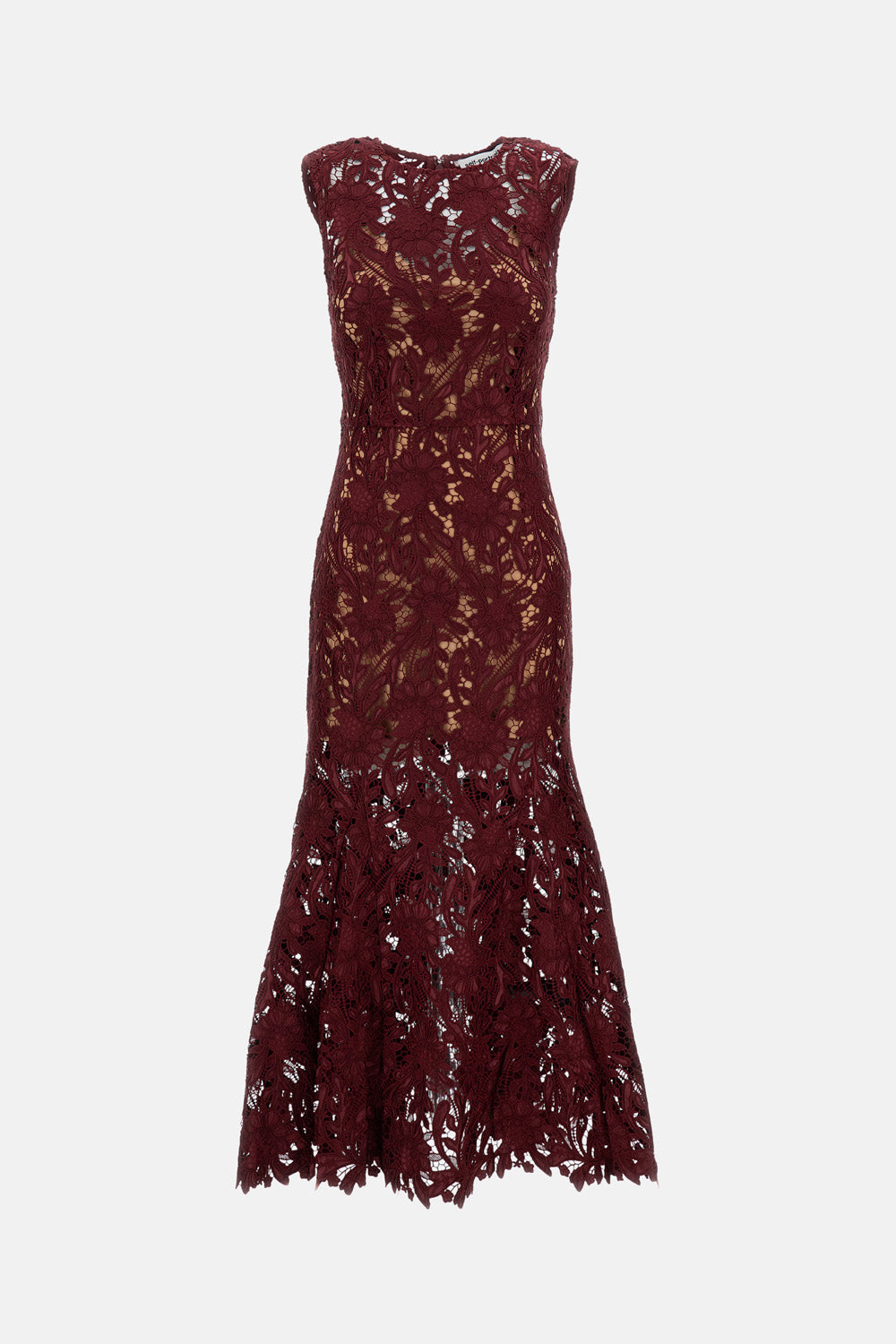 BURGUNDY GUIPURE LACE MIDI DRESS