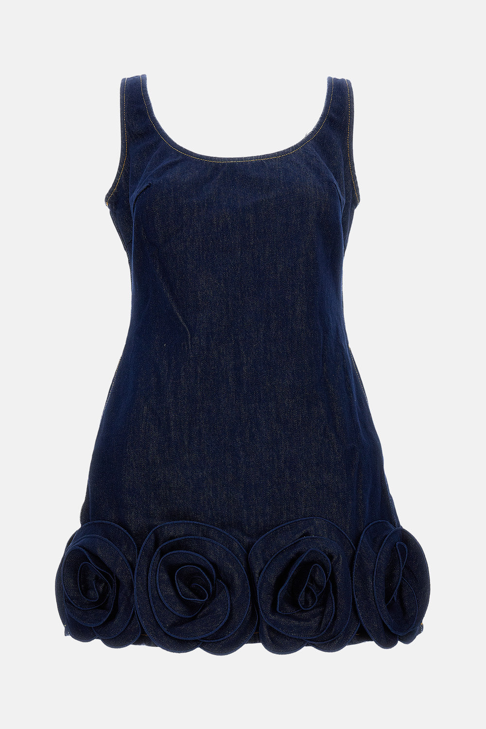 INDIGO DENIM MINI DRESS WITH 3D FLOWERS
