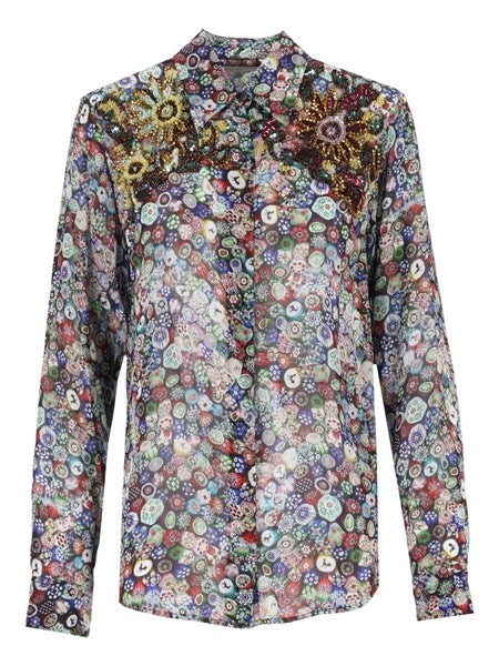 Camicetta in georgette stampata con decorazioni di paillettes