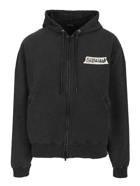 Felpa con zip "Masking Tape" Oversize in pile dry nero effetto sbiadito