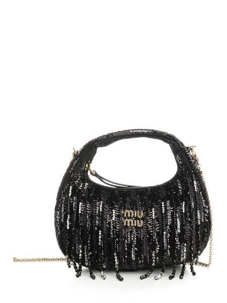 Mini borsa "Wander" in raso con frange in cristalli e paillettes