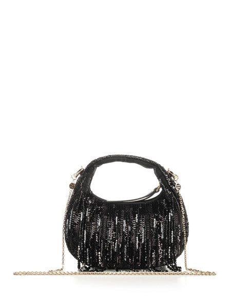 Mini borsa "Wander" in raso con frange in cristalli e paillettes