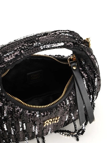 Mini borsa "Wander" in raso con frange in cristalli e paillettes