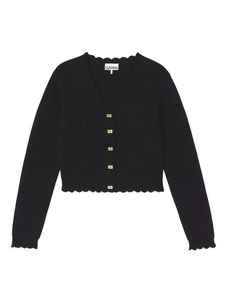 Cardigan nero con applicazioni all'uncinetto