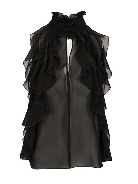 Top cut-out in georgette di seta con ruches