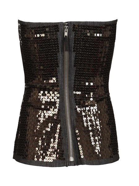 Top bustier in denim con paillettes