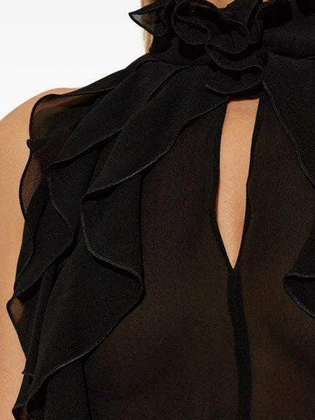 Top cut-out in georgette di seta con ruches