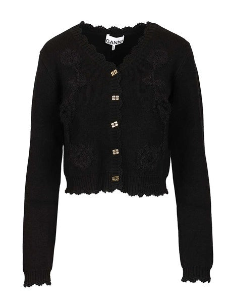 Cardigan nero con applicazioni all'uncinetto
