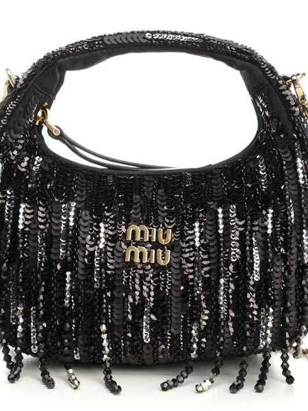 Mini borsa "Wander" in raso con frange in cristalli e paillettes