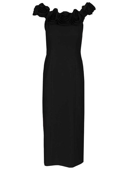 Abito midi in crêpe nero con stampa floreale