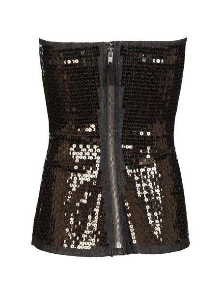 Top bustier in denim con paillettes