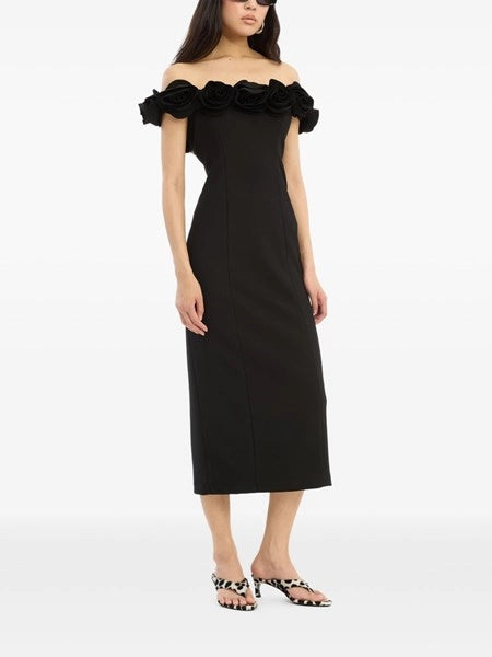 Abito midi in crêpe nero con stampa floreale