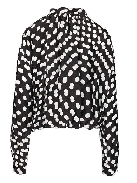 Camicetta drappeggiata in raso jacquard a pois