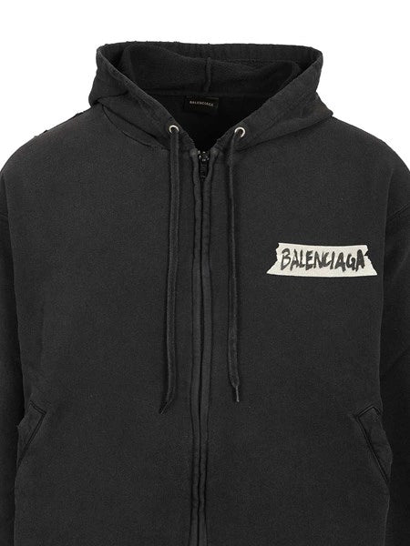 Felpa con zip "Masking Tape" Oversize in pile dry nero effetto sbiadito
