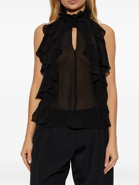 Top cut-out in georgette di seta con ruches