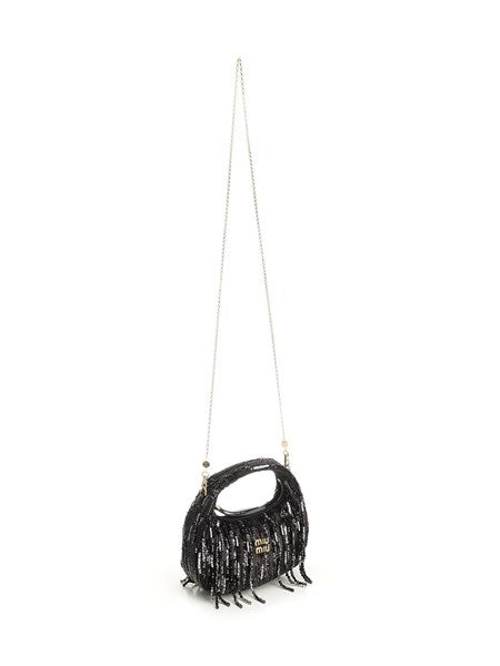 Mini borsa "Wander" in raso con frange in cristalli e paillettes