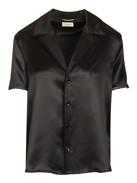 Camicia in raso di seta con bordi in pizzo