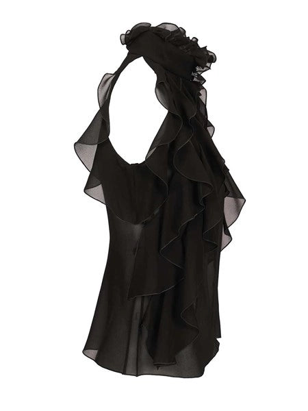 Top cut-out in georgette di seta con ruches