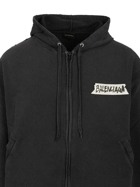 Felpa con zip "Masking Tape" Oversize in pile dry nero effetto sbiadito