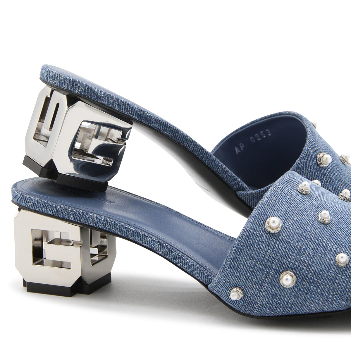 MEDIUM BLUE DENIM G CUBE MULES