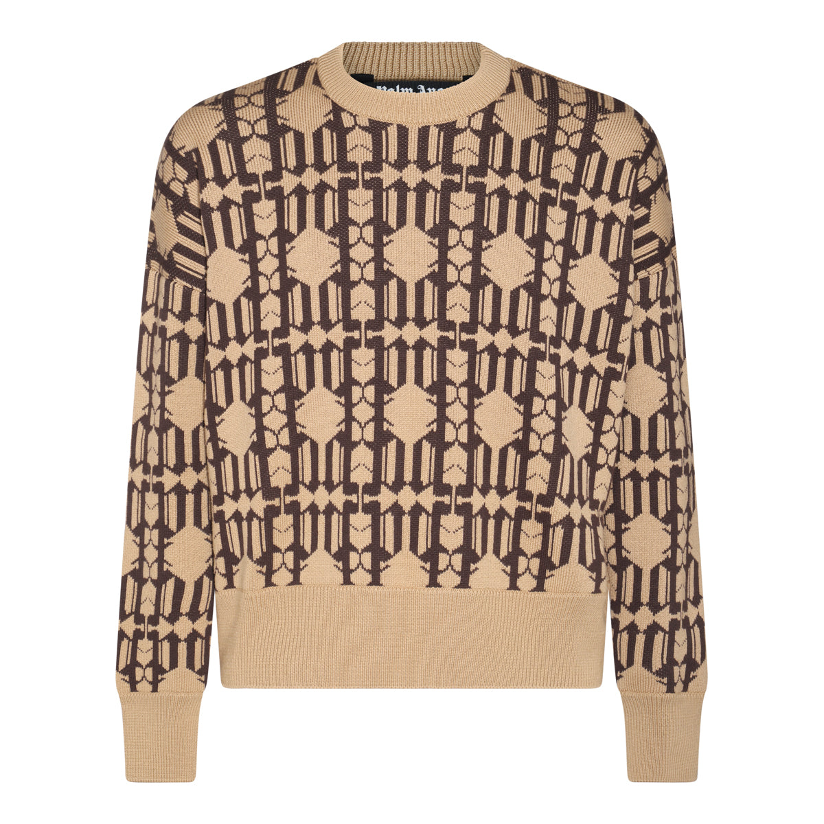 BEIGE AND BROWN COTTON-WOOL BLEND JUMPER
