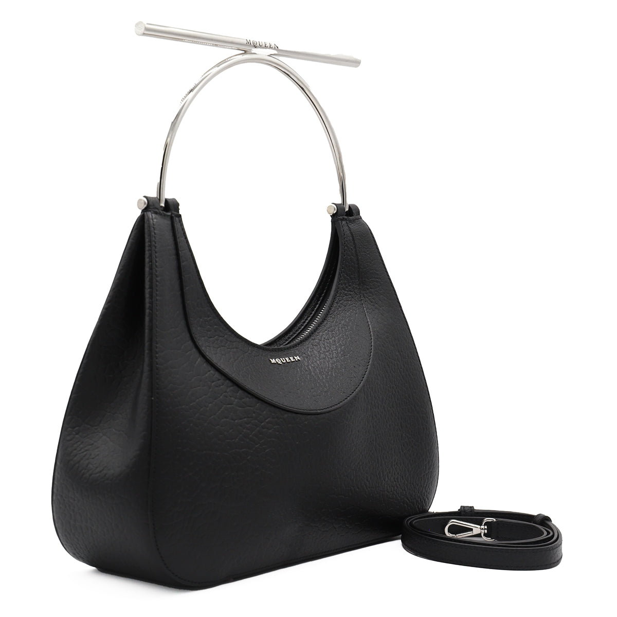 BLACK LEATHER CROSS-BAR TOP HANDLE BAG