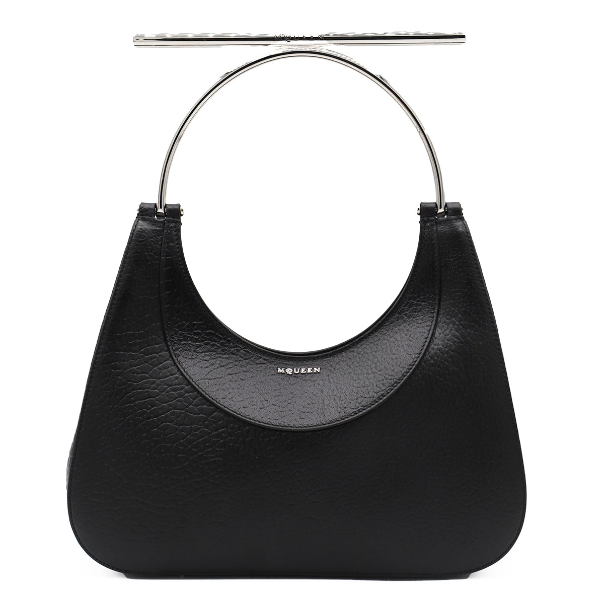 BLACK LEATHER CROSS-BAR TOP HANDLE BAG