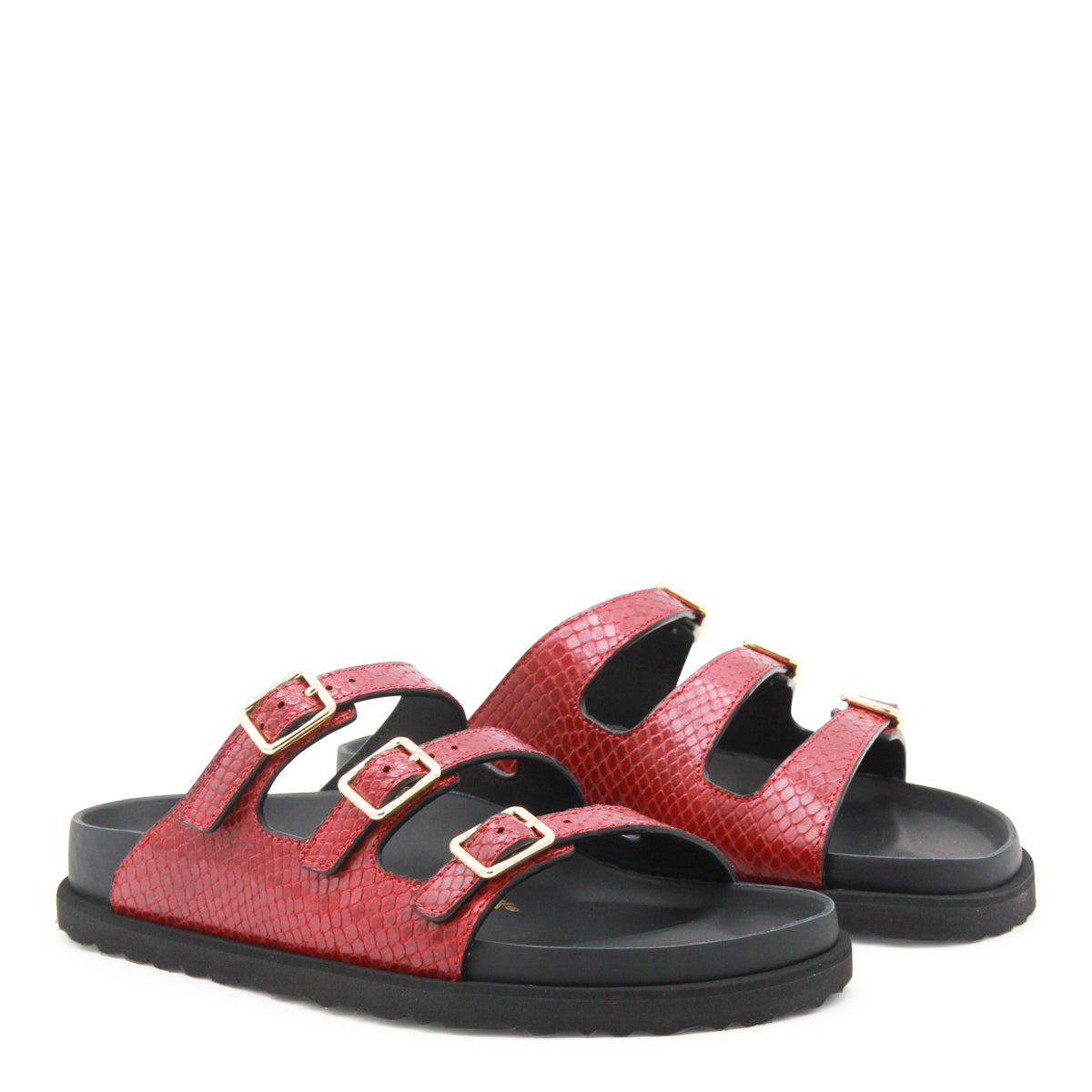 RED AND BLACK LEATHER FLORIDA SNAKE SANDALS