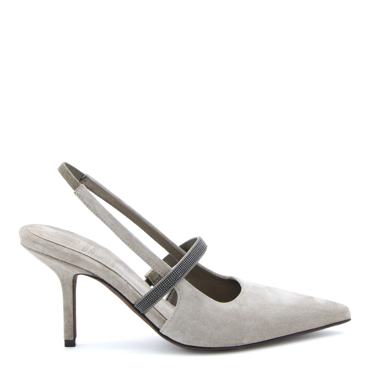 GREY SUEDE MONILI CHAIN SLINGBACK PUMPS