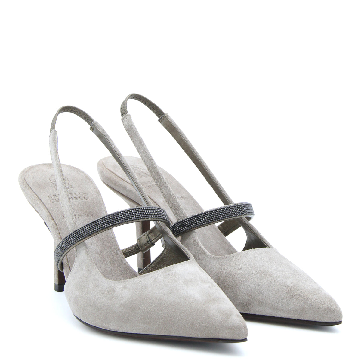 GREY SUEDE MONILI CHAIN SLINGBACK PUMPS