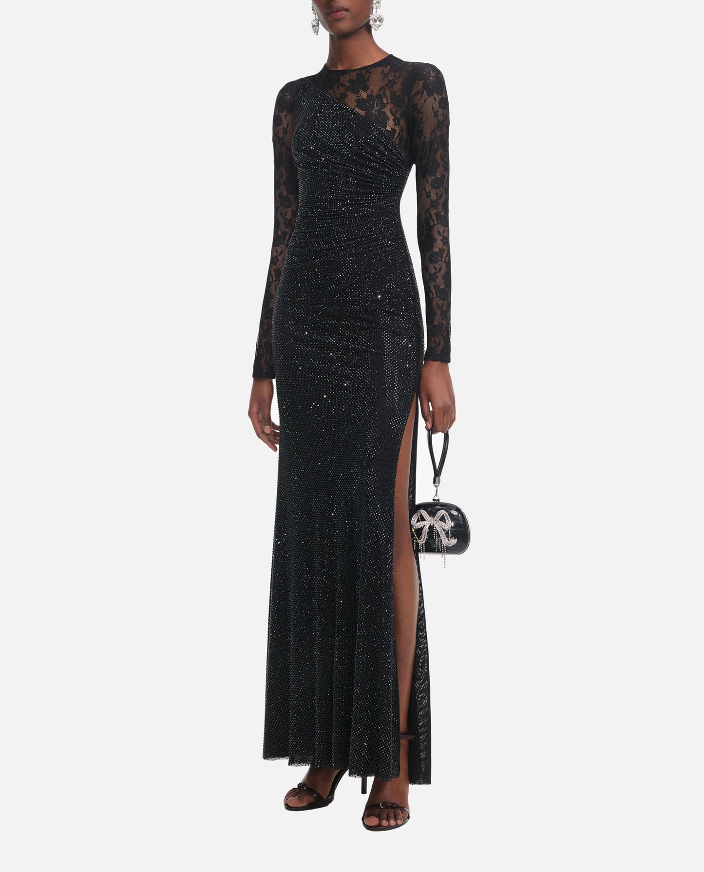 BLACK RHINESTONE LACE SLEEVES MAXI DRESS