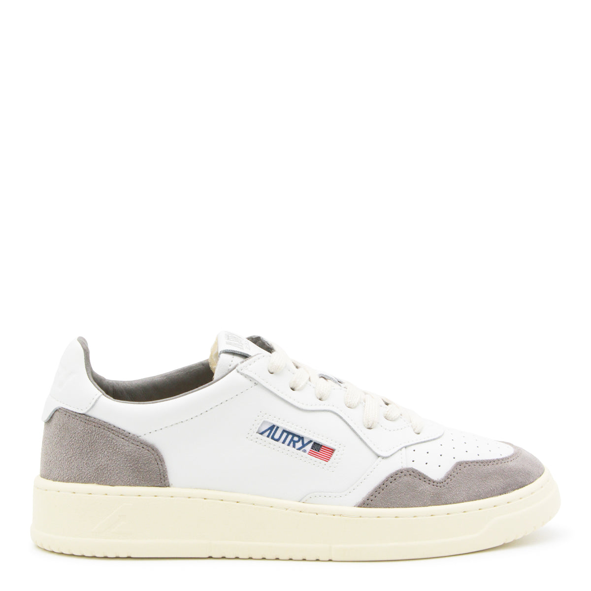 WHITE AND GREY LEATHER MEDALIST SNEAKERS