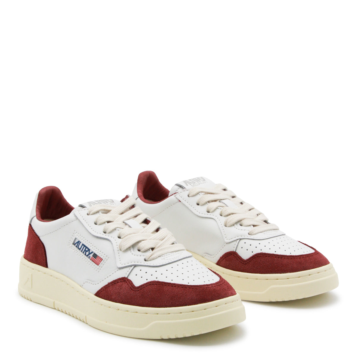 WHITE AND BURGUNDY LEATHER MEDALIST SNEAKERS