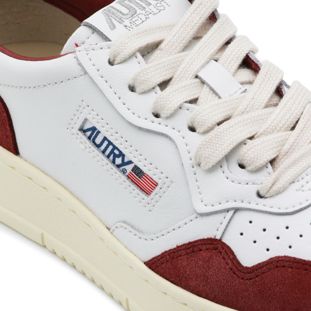 WHITE AND BURGUNDY LEATHER MEDALIST SNEAKERS