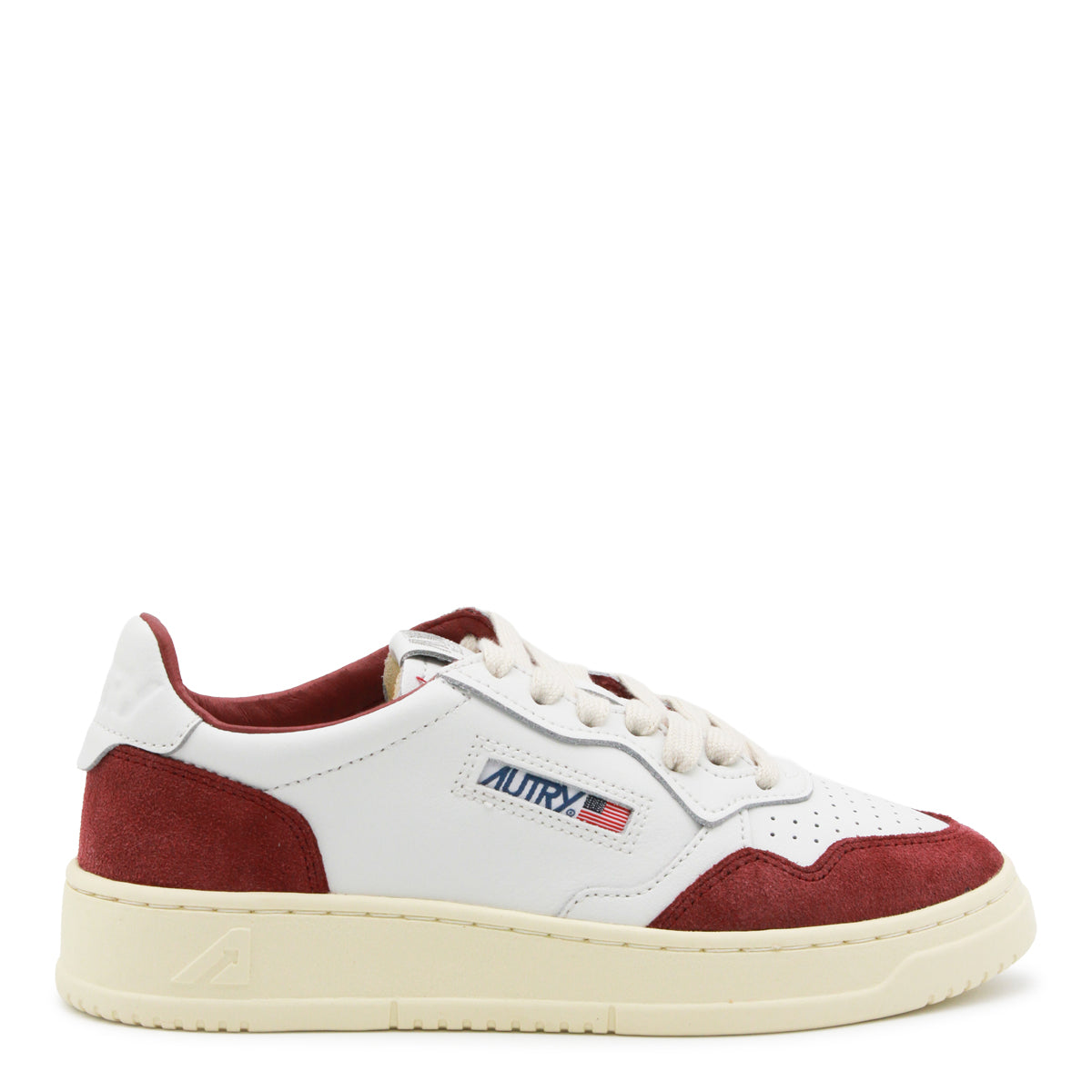 WHITE AND BURGUNDY LEATHER MEDALIST SNEAKERS