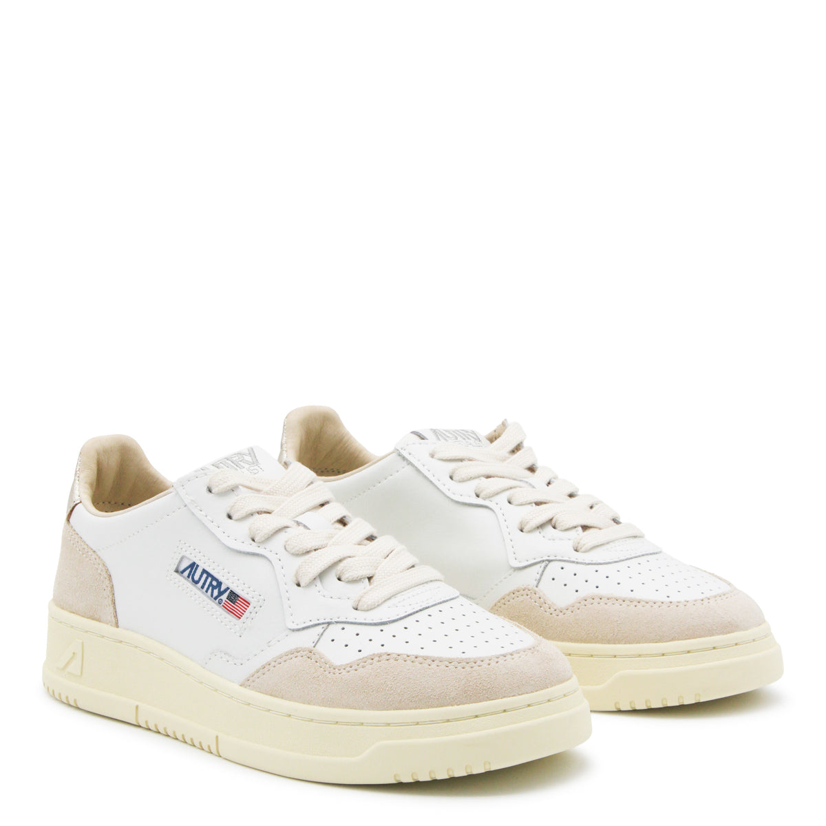 WHITE BEIGE AND GOLD LEATHER MEDALIST SNEAKERS