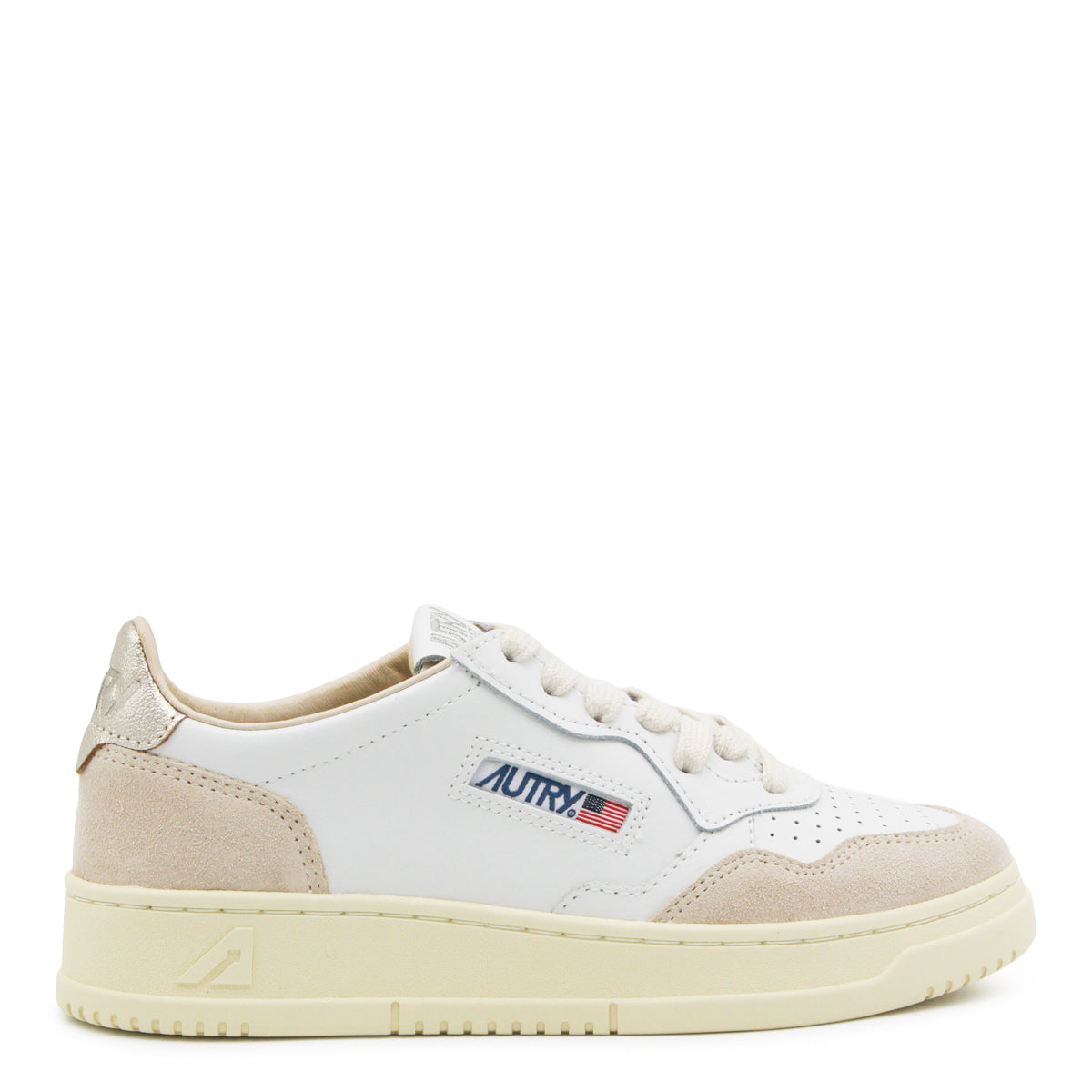 WHITE BEIGE AND GOLD LEATHER MEDALIST SNEAKERS