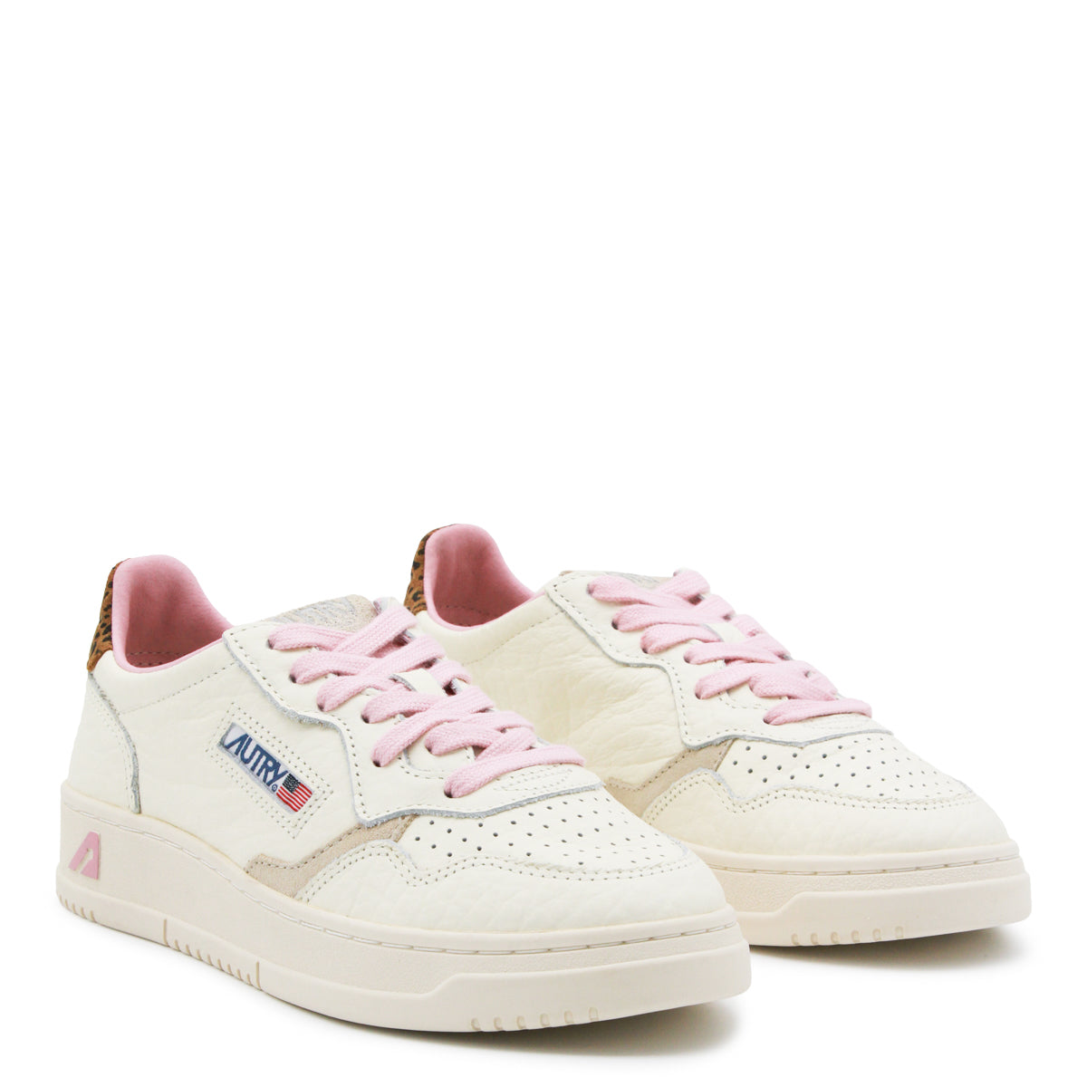 WHITE PINK AND LEOPRINT LEATHER MEDALIST SNEAKERS