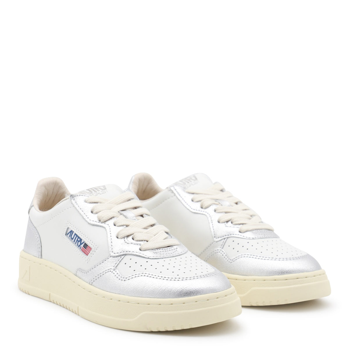 WHITE AND SILVER LEATHER SNEAKERS