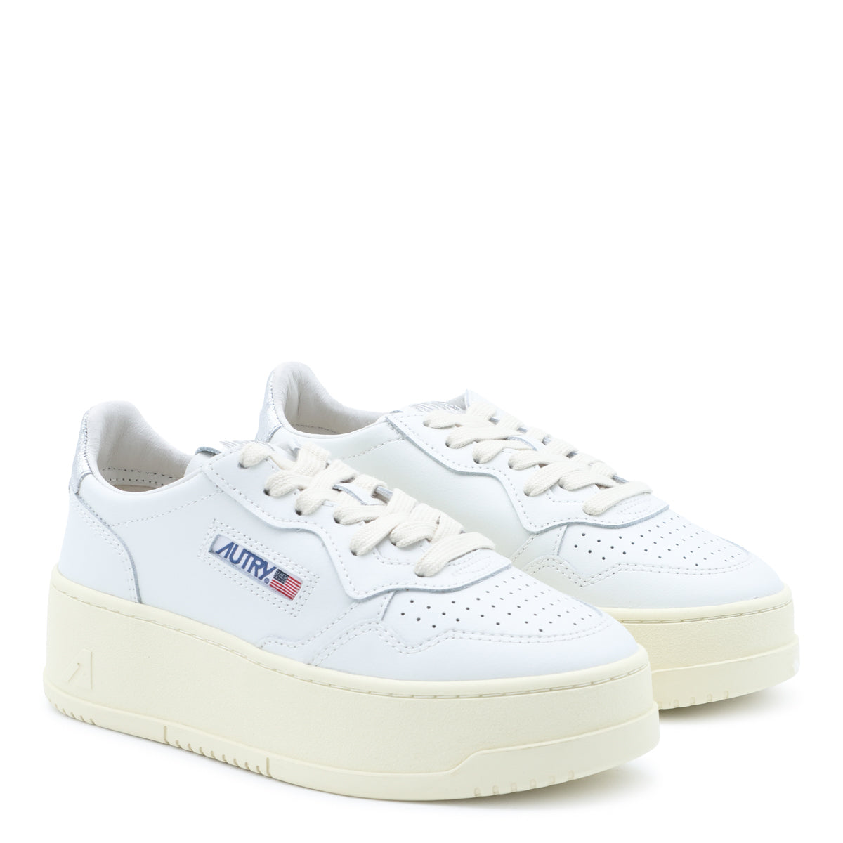 WHITE AND SILVER LEATHER MEDALIST PLATFORM SNEAKERS